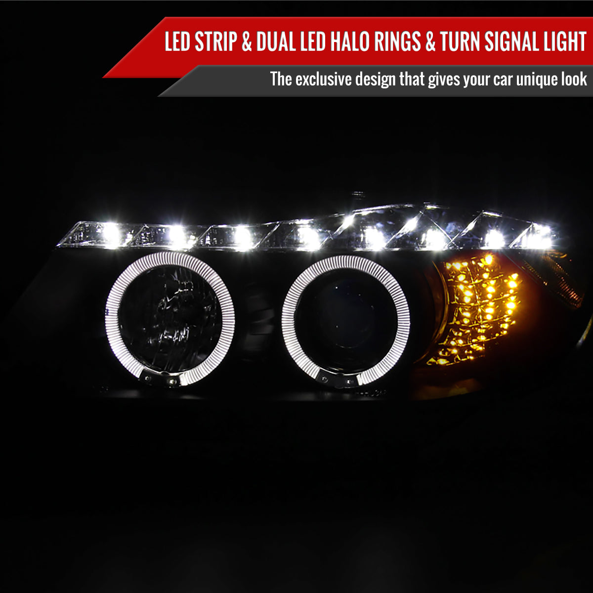 2006-2008 BMW E90 3 Series Sedan Dual Halo Projector Headlights w/ LED Light Strip & LED Turn Signal Lights (Matte Black Housing/Clear Lens)