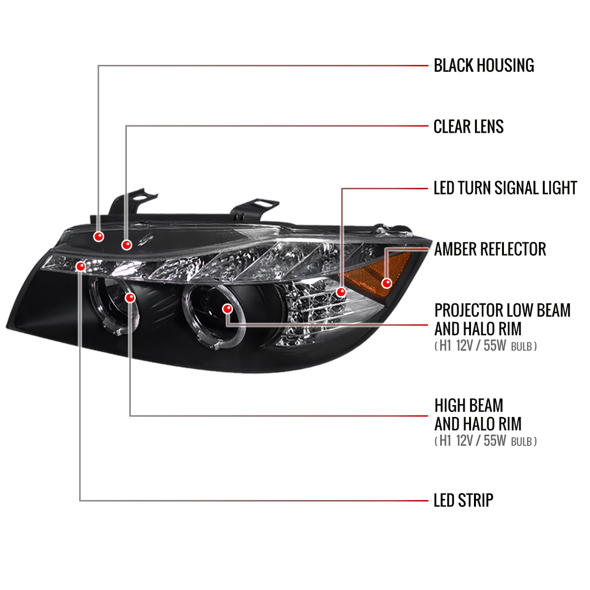2006-2008 BMW E90 3 Series Sedan Dual Halo Projector Headlights w/ LED Light Strip & LED Turn Signal Lights (Matte Black Housing/Clear Lens)