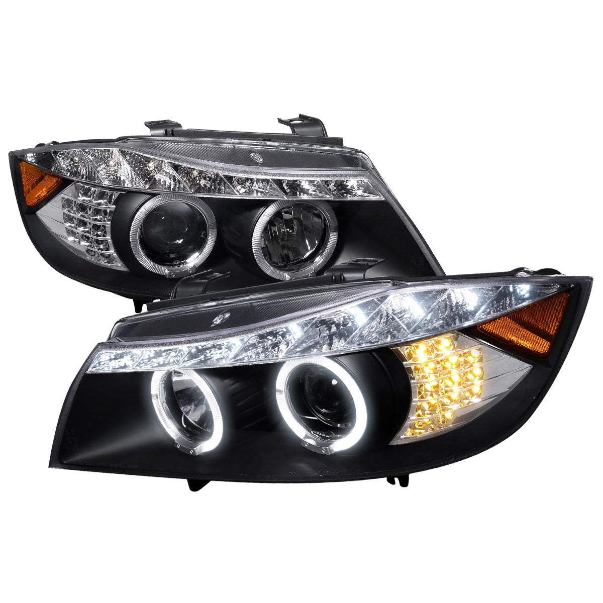 2006-2008 BMW E90 3 Series Sedan Dual Halo Projector Headlights w/ LED Light Strip & LED Turn Signal Lights (Matte Black Housing/Clear Lens)