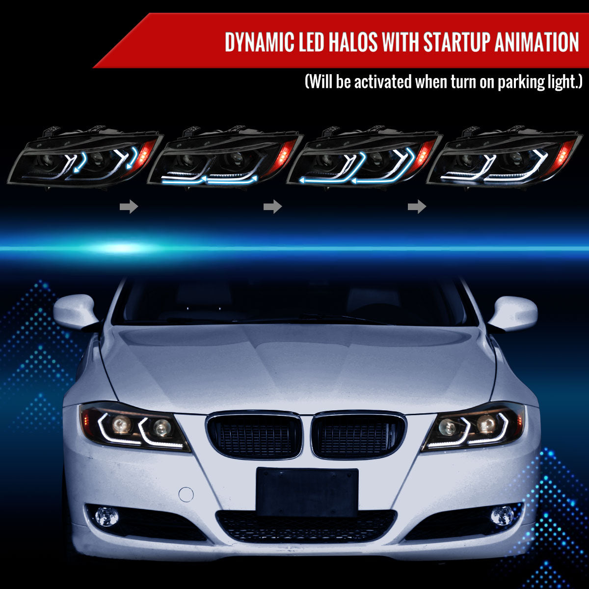 2006-2011 BMW E90 3 Series Sedan 3D Iced LED Dual Projector Headlights (Matte Black Housing/Smoked Lens)