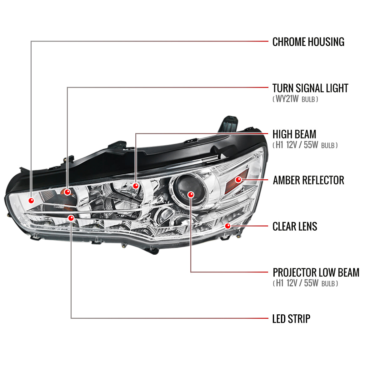 2008-2015 Mitsubishi Lancer EVO Projector Headlights w/ SMD LED Light Strip (Chrome Housing/Clear Lens)