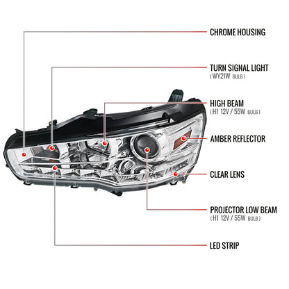 2008-2015 Mitsubishi Lancer EVO Projector Headlights w/ SMD LED Light Strip (Chrome Housing/Clear Lens)