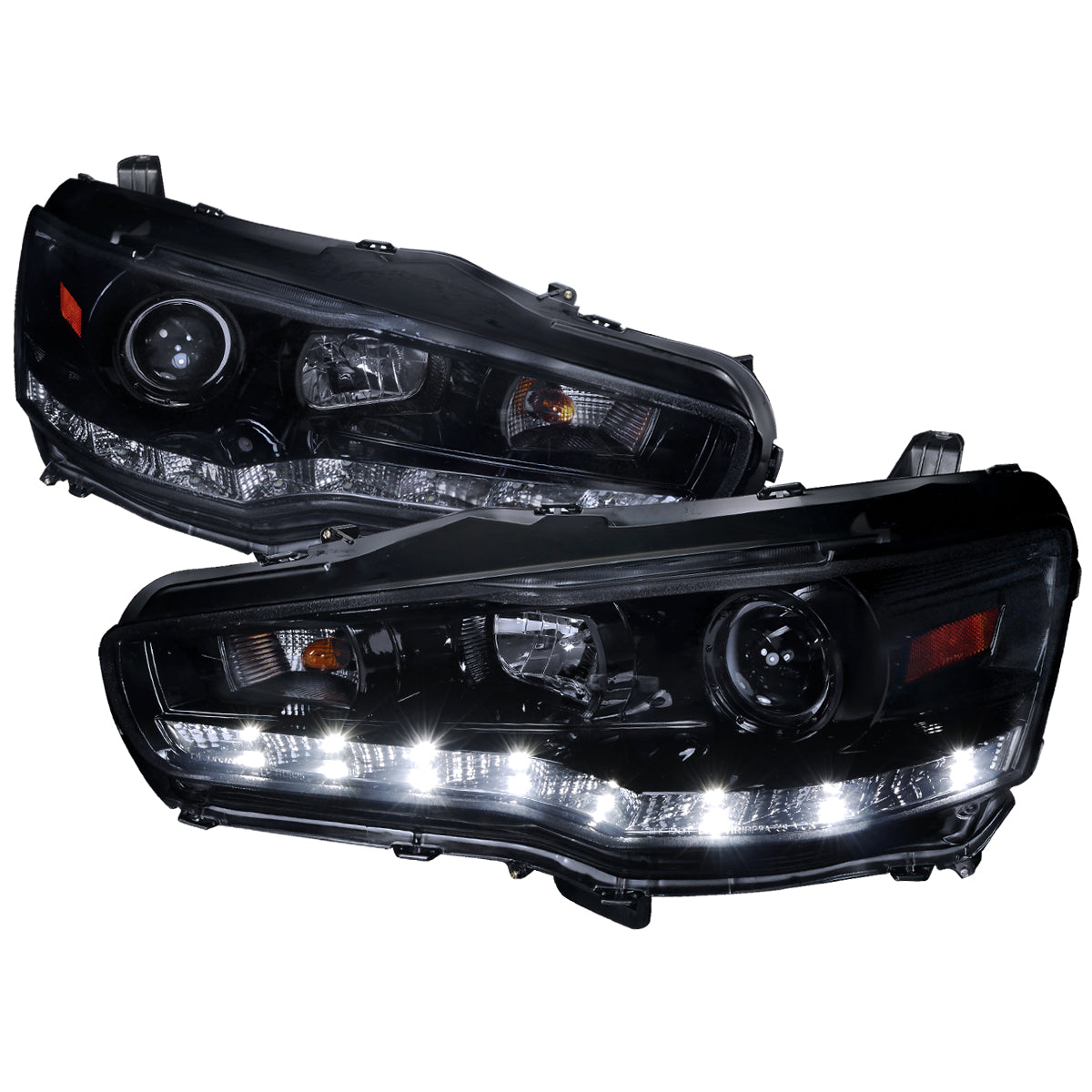 2008-2015 Mitsubishi Lancer EVO Projector Headlights w/ SMD LED Light Strip (Glossy Black Housing/Smoked Lens)