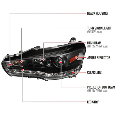 2008-2015 Mitsubishi Lancer EVO Projector Headlights w/ SMD LED Light Strip (Matte Black Housing/Clear Lens)