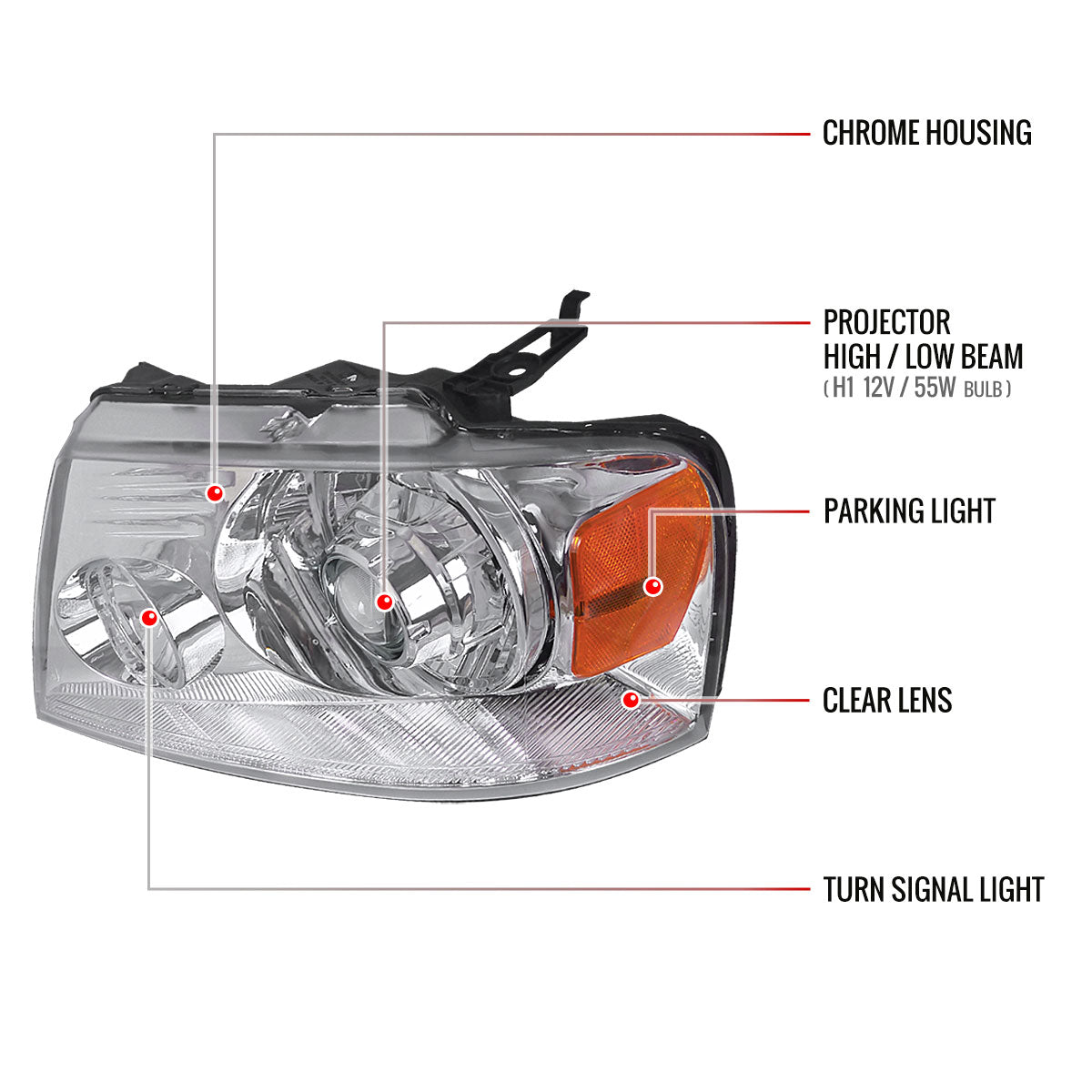 2004-2008 Ford F-150/ 2006-2008 Lincoln Mark LT Projector Headlights w/ Amber Reflectors (Chrome Housing/Clear Lens)
