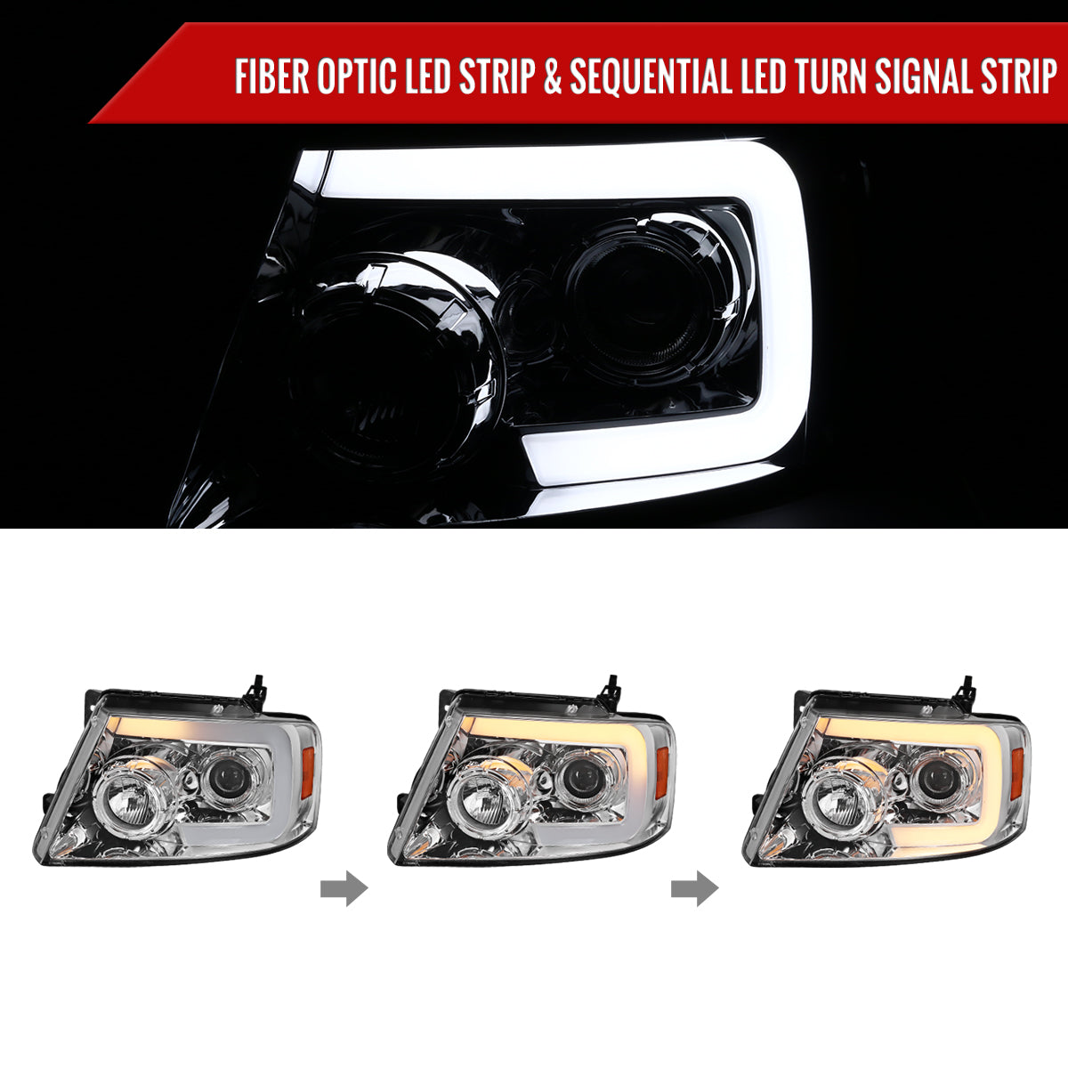 2004-2008 Ford F-150/ 2006-2008 Lincoln Mark LT Switchback Sequential LED C-Bar Projector Headlights (Chrome Housing/Clear Lens)