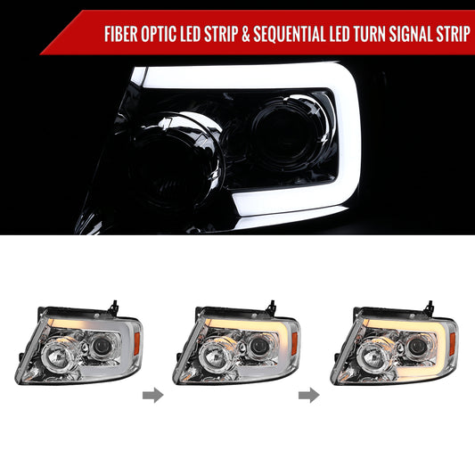 2004-2008 Ford F-150/ 2006-2008 Lincoln Mark LT Switchback Sequential LED C-Bar Projector Headlights (Chrome Housing/Clear Lens)