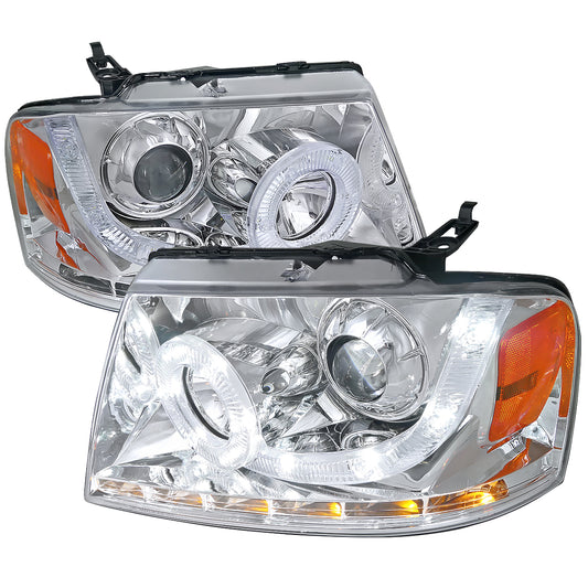 2004-2008 Ford F-150/ 2006-2008 Lincoln Mark LT Halo Projector Headlights w/ SMD LED Light Strip & LED Turn Signal Lights (Chrome Housing/Clear Lens)