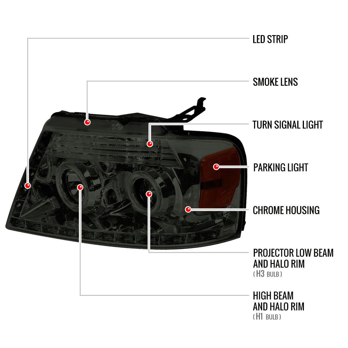 2004-2008 Ford F-150/ 2006-2008 Lincoln Mark LT Dual Halo Projector Headlights w/ LED Light Strip (Chrome Housing/Smoked Lens)