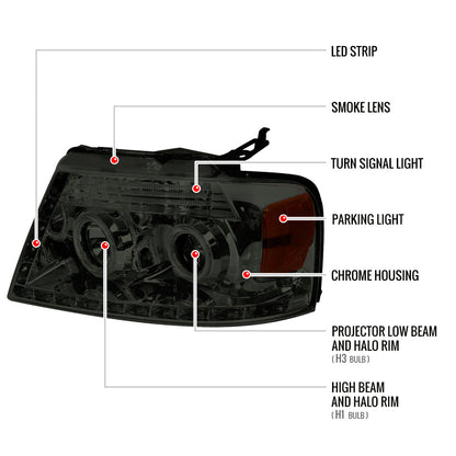 2004-2008 Ford F-150/ 2006-2008 Lincoln Mark LT Dual Halo Projector Headlights w/ LED Light Strip (Chrome Housing/Smoked Lens)