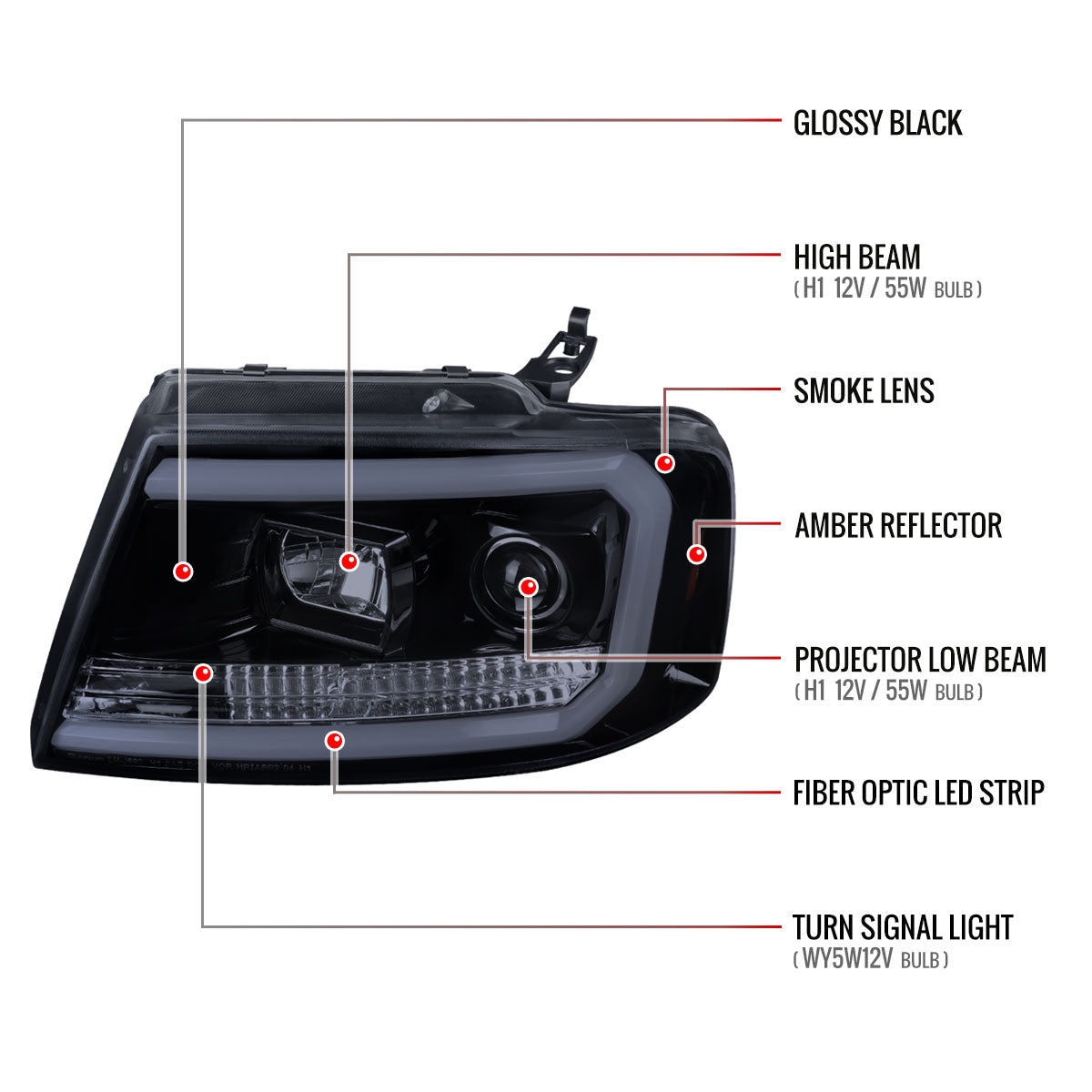 2004-2008 Ford F-150/ 2006-2008 Lincoln Mark LT LED C-Bar Projector Headlights (Glossy Black Housing/Smoked Lens)