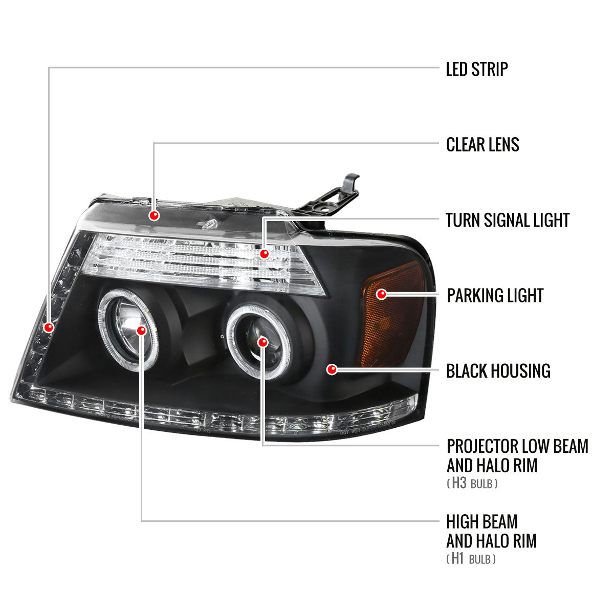 2004-2008 Ford F-150/ 2006-2008 Lincoln Mark LT Dual Halo Projector Headlights w/ LED Light Strip (Matte Black Housing/Clear Lens)