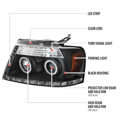 2004-2008 Ford F-150/ 2006-2008 Lincoln Mark LT Dual Halo Projector Headlights w/ LED Light Strip (Matte Black Housing/Clear Lens)