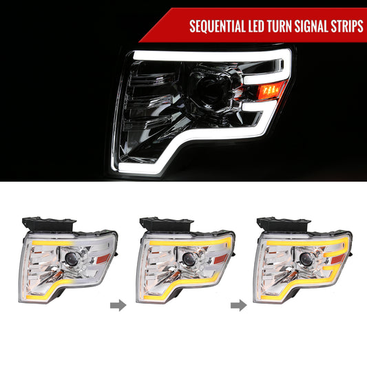 2009-2014 Ford F-150 Switchback Sequential LED Turn Signal Projector Headlights (Chrome Housing/Clear Lens)