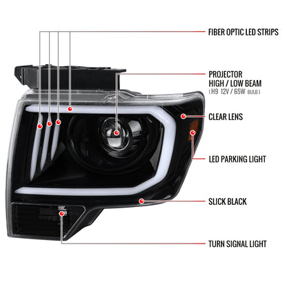 2009-2014 Ford F-150 LED C-Bar Projector Headlights (Jet Black Housing/Clear Lens)