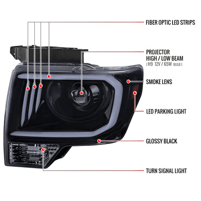 2009-2014 Ford F-150 LED C-Bar Projector Headlights (Glossy Black Housing/Smoked Lens)