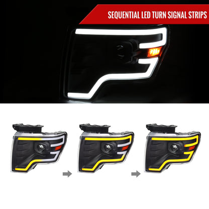 2009-2014 Ford F-150 Switchback Sequential LED Turn Signal Projector Headlights (Matte Black Housing/Clear Lens)