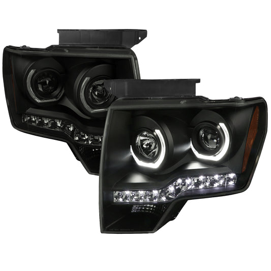 2009-2014 Ford F-150 Dual U-Ring Halo Projector Headlights w/ LED Light Strip (Black housing/Smoked Lens)