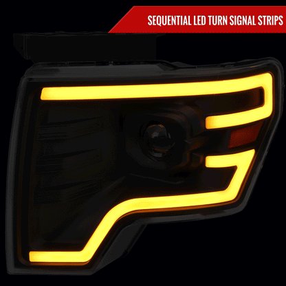 2009-2014 Ford F-150 Switchback Sequential LED Turn Signal Projector Headlights (Matte Black Housing/Smoked Lens)