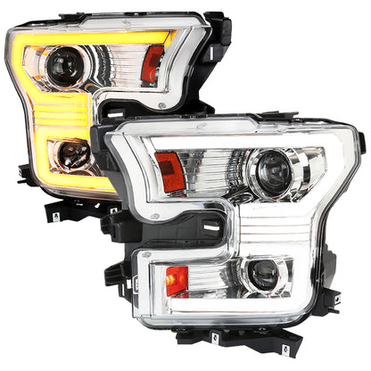 2015-2017 Ford F-150 LED Bar Projector Headlights w/ Switchback Sequential Turn Signals (Chrome Housing / Clear Lens)