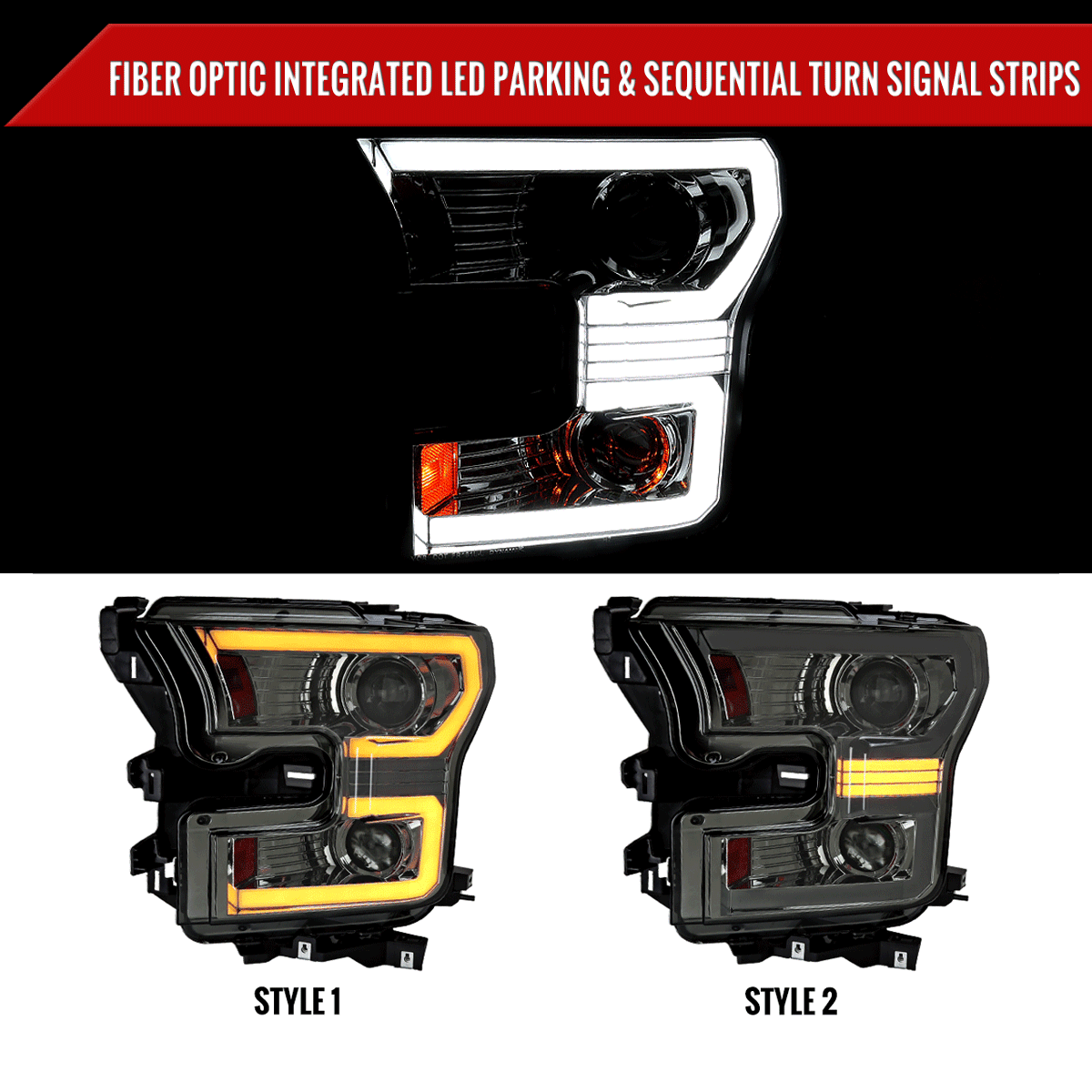 2015-2017 Ford F-150 LED Bar Projector Headlights w/ Switchback Sequential Turn Signals (Chrome Housing / Smoked Lens)