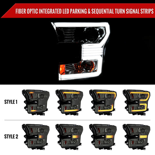 2015-2017 Ford F-150 LED Bar Projector Headlights w/ Switchback Sequential Turn Signals (Chrome Housing / Smoked Lens)