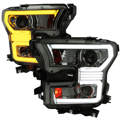 2015-2017 Ford F-150 LED Bar Projector Headlights w/ Switchback Sequential Turn Signals (Chrome Housing / Smoked Lens)