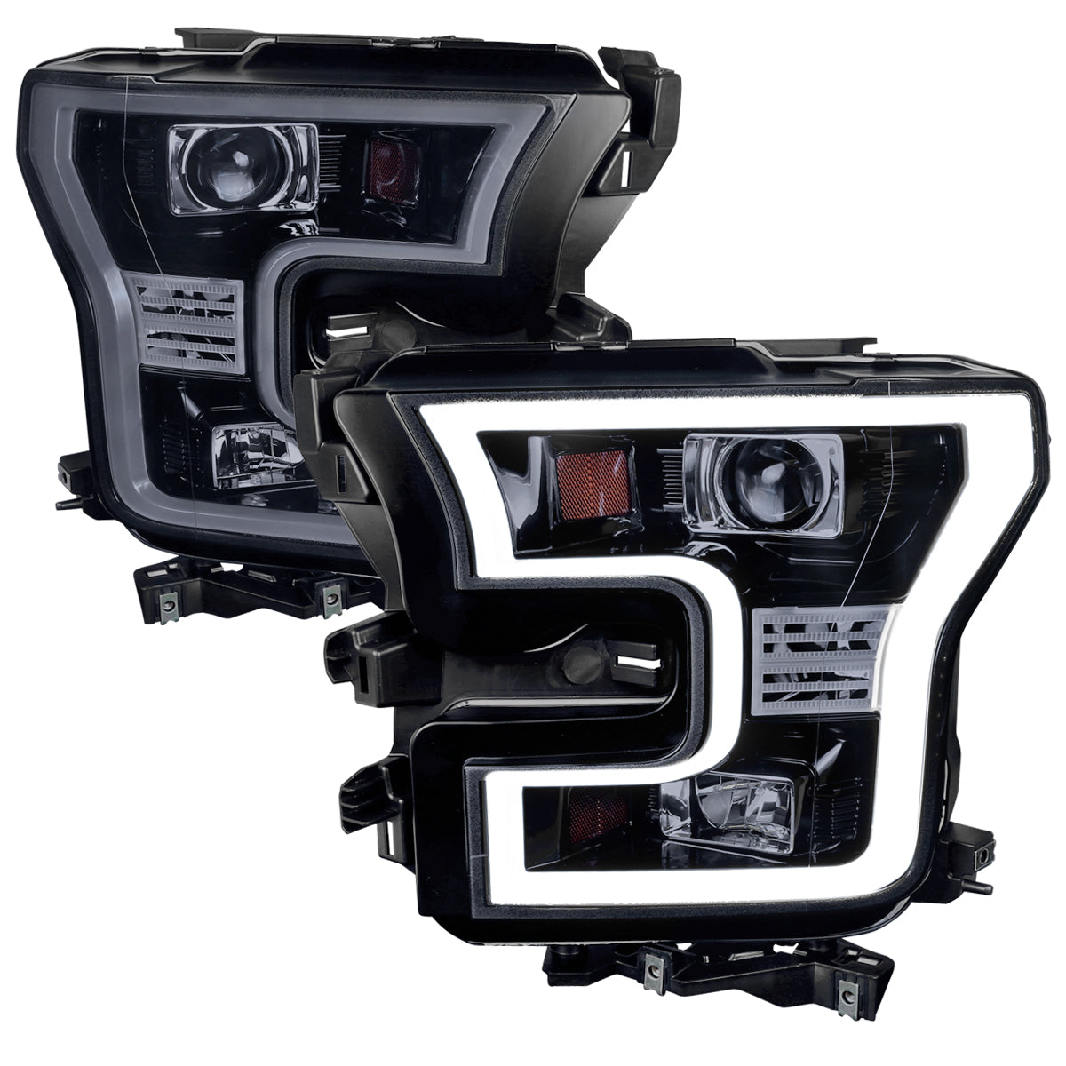 2015-2017 Ford F-150 LED Bar Outline Projector Headlights (Glossy Black Housing/Smoked Lens)