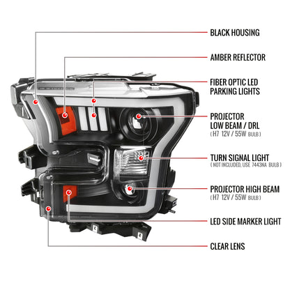 2015-2017 Ford F-150 LED Bar Projector Headlights - RS (Matte Black Housing / Clear Lens)