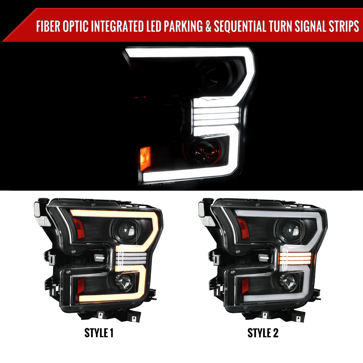 2015-2017 Ford F-150 LED Bar Projector Headlights w/ Switchback Sequential Turn Signals (Black Housing / Clear Lens)
