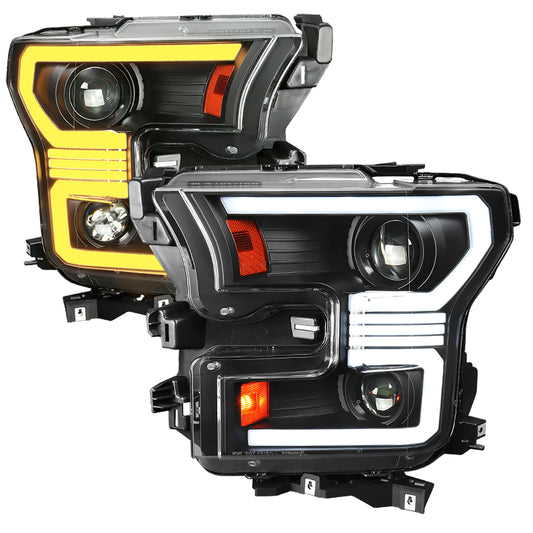 2015-2017 Ford F-150 LED Bar Projector Headlights w/ Switchback Sequential Turn Signals (Black Housing / Clear Lens)