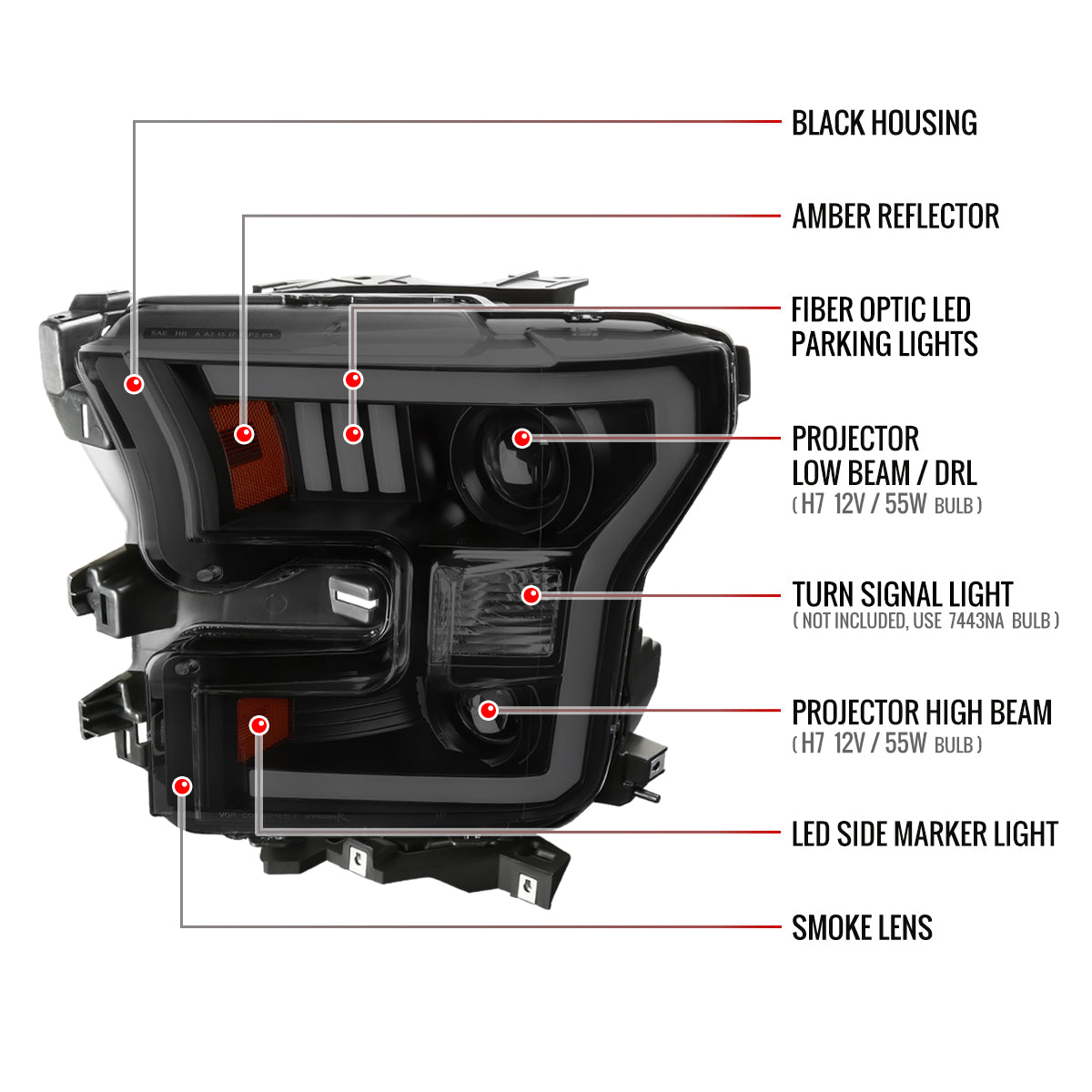 2015-2017 Ford F-150 LED Bar Projector Headlights - RS (Black Housing/Smoked Lens)