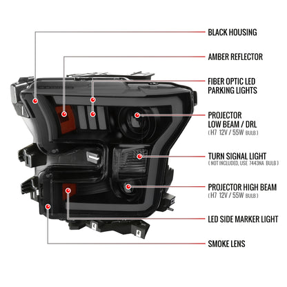 2015-2017 Ford F-150 LED Bar Projector Headlights - RS (Black Housing/Smoked Lens)