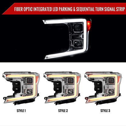2018-2020 Ford F-150 LED C-Bar Projector Headlights w/ Switchback Sequential Turn Signal Lights (Chrome Housing / Clear Lens)