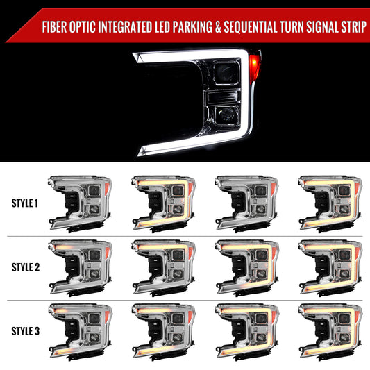 2018-2020 Ford F-150 LED C-Bar Projector Headlights w/ Switchback Sequential Turn Signal Lights (Chrome Housing / Clear Lens)