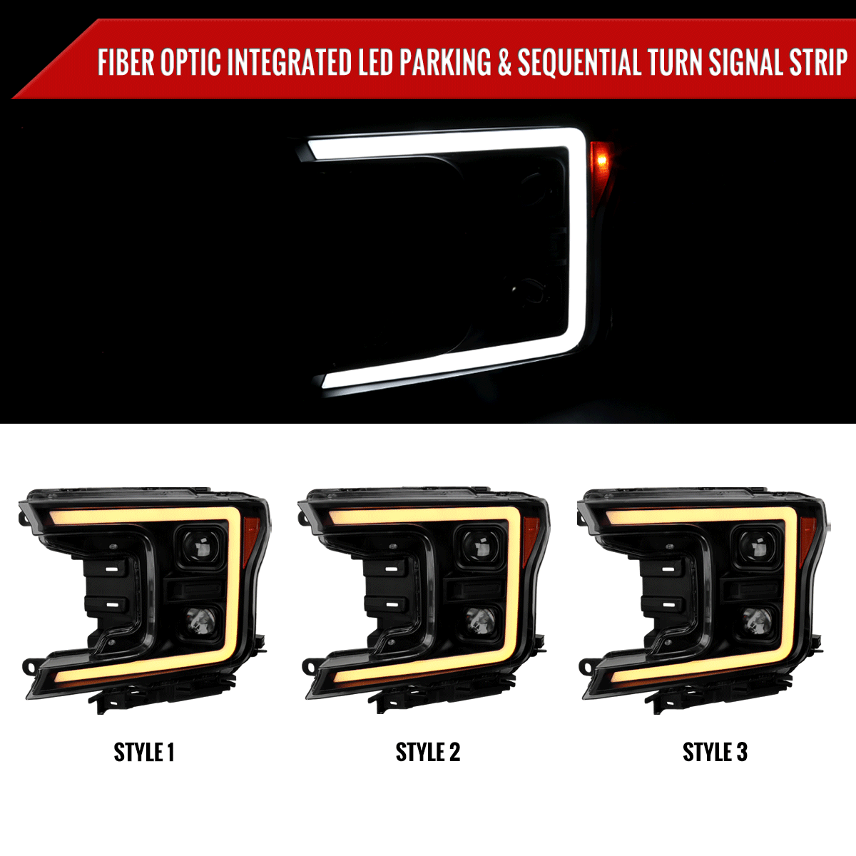 2018-2020 Ford F-150 LED C-Bar Projector Headlights w/ Switchback Sequential Turn Signal Lights (Matte Black Housing / Smoked Lens)