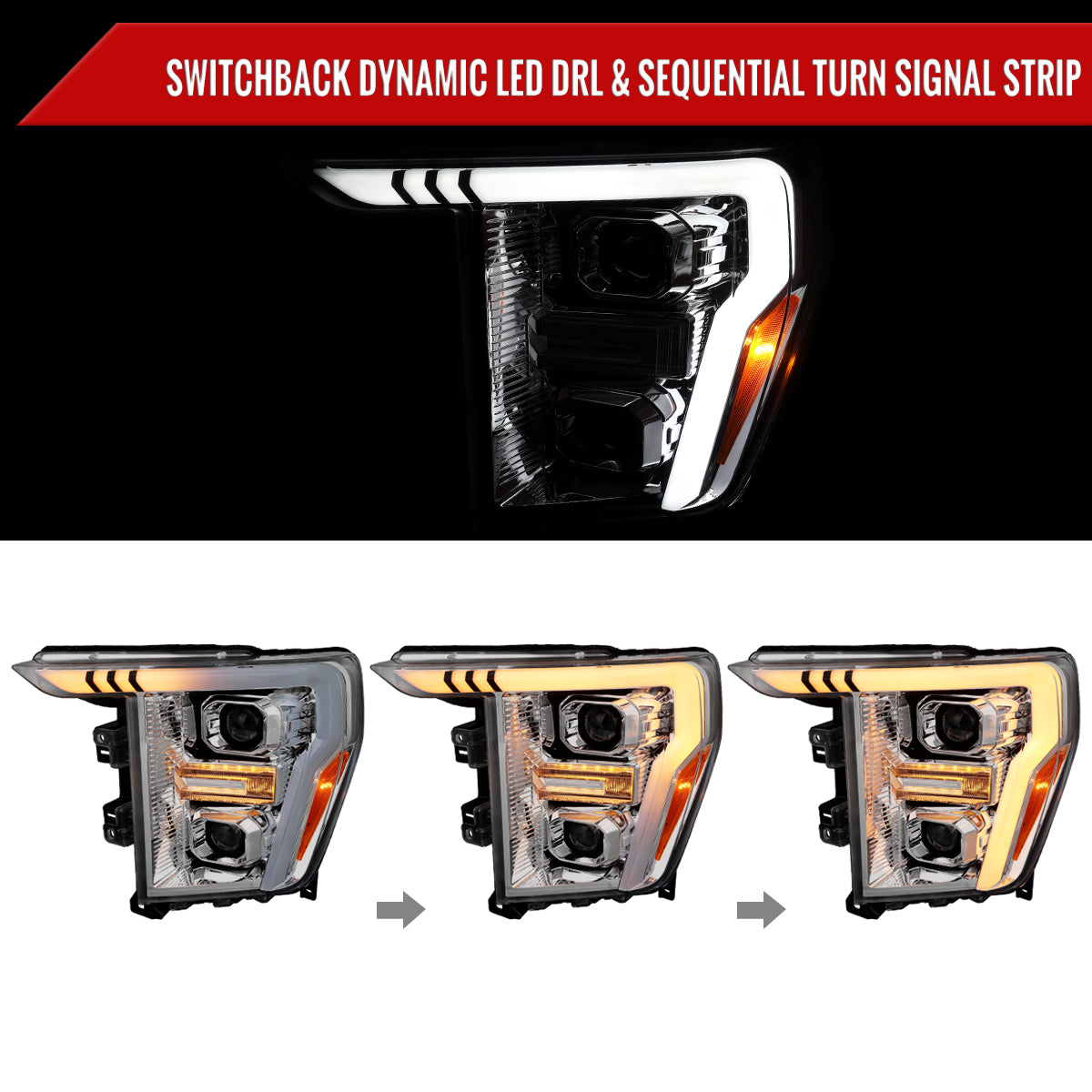 2021-2025 Ford F-150 Projector Headlight w/ Switchback Sequential Turn Signal LED Bar (Chrome Housing / Clear Lens)