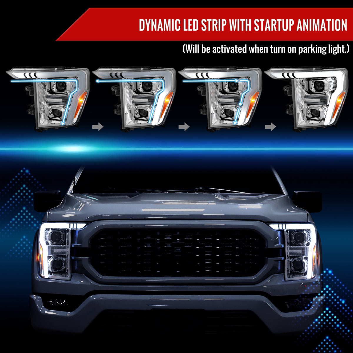2021-2025 Ford F-150 Projector Headlight w/ Switchback Sequential Turn Signal LED Bar (Chrome Housing / Clear Lens)
