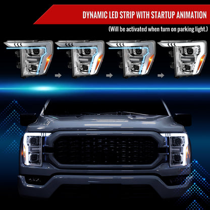 2021-2025 Ford F-150 Projector Headlight w/ Switchback Sequential Turn Signal LED Bar (Chrome Housing / Clear Lens)