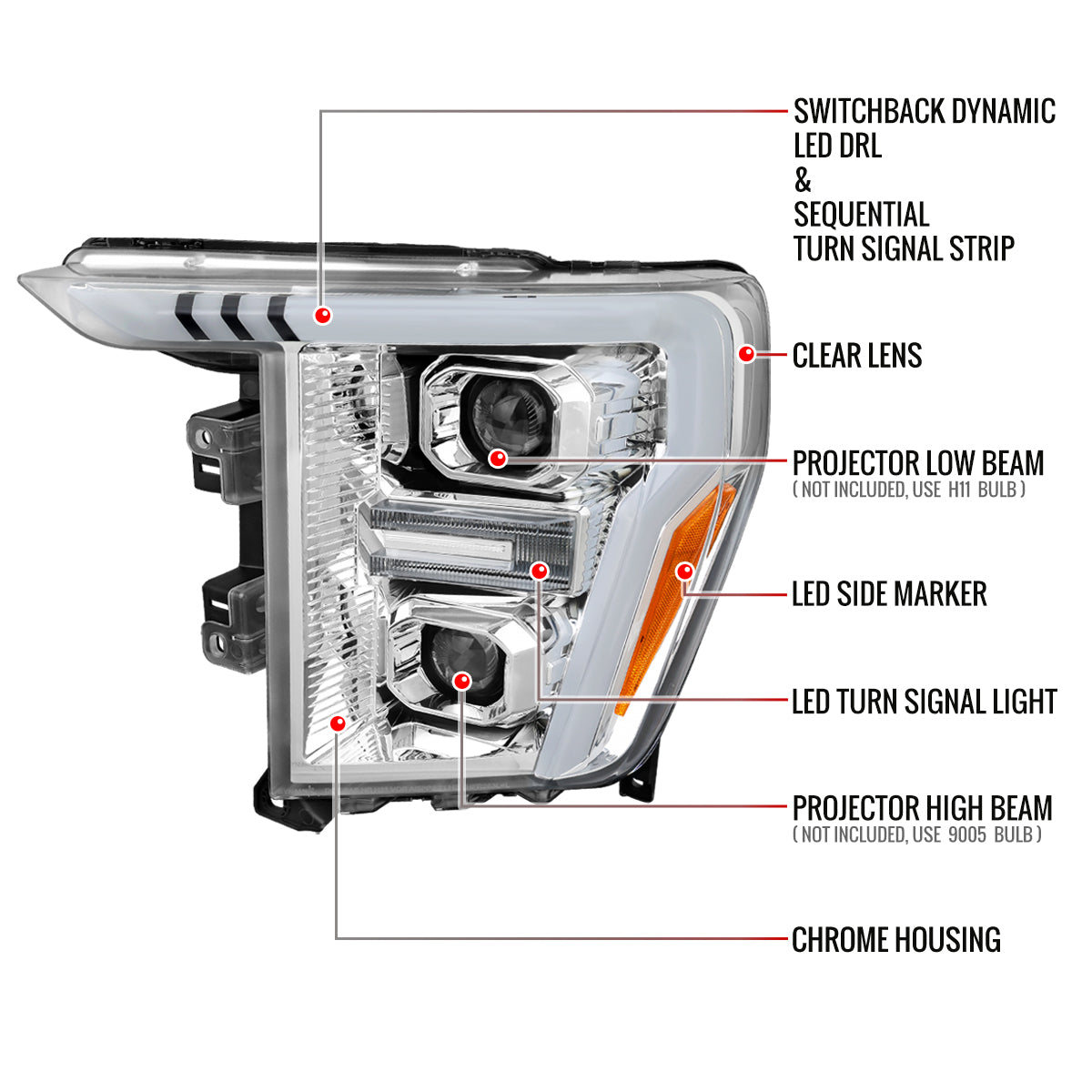 2021-2025 Ford F-150 Projector Headlight w/ Switchback Sequential Turn Signal LED Bar (Chrome Housing / Clear Lens)