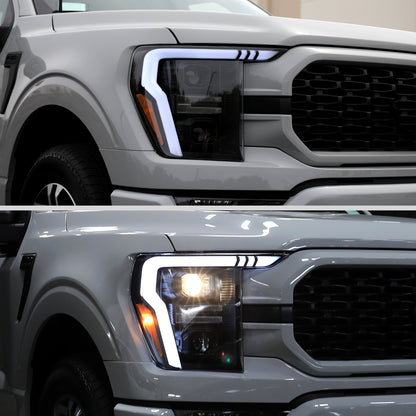 2021-2025 Ford F-150 Projector Headlight w/ Switchback Sequential Turn Signal LED Bar (Black Housing / Clear Lens)