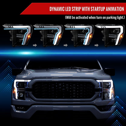 2021-2025 Ford F-150 Projector Headlight w/ Switchback Sequential Turn Signal LED Bar (Black Housing / Clear Lens)