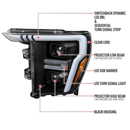 2021-2025 Ford F-150 Projector Headlight w/ Switchback Sequential Turn Signal LED Bar (Black Housing / Clear Lens)