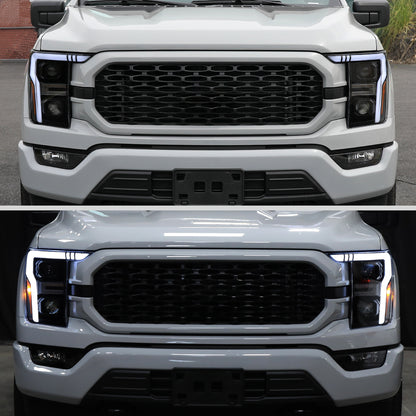 2021-2025 Ford F-150 Projector Headlight w/ Switchback Sequential Turn Signal LED Bar (Black Housing / Smoked Lens)