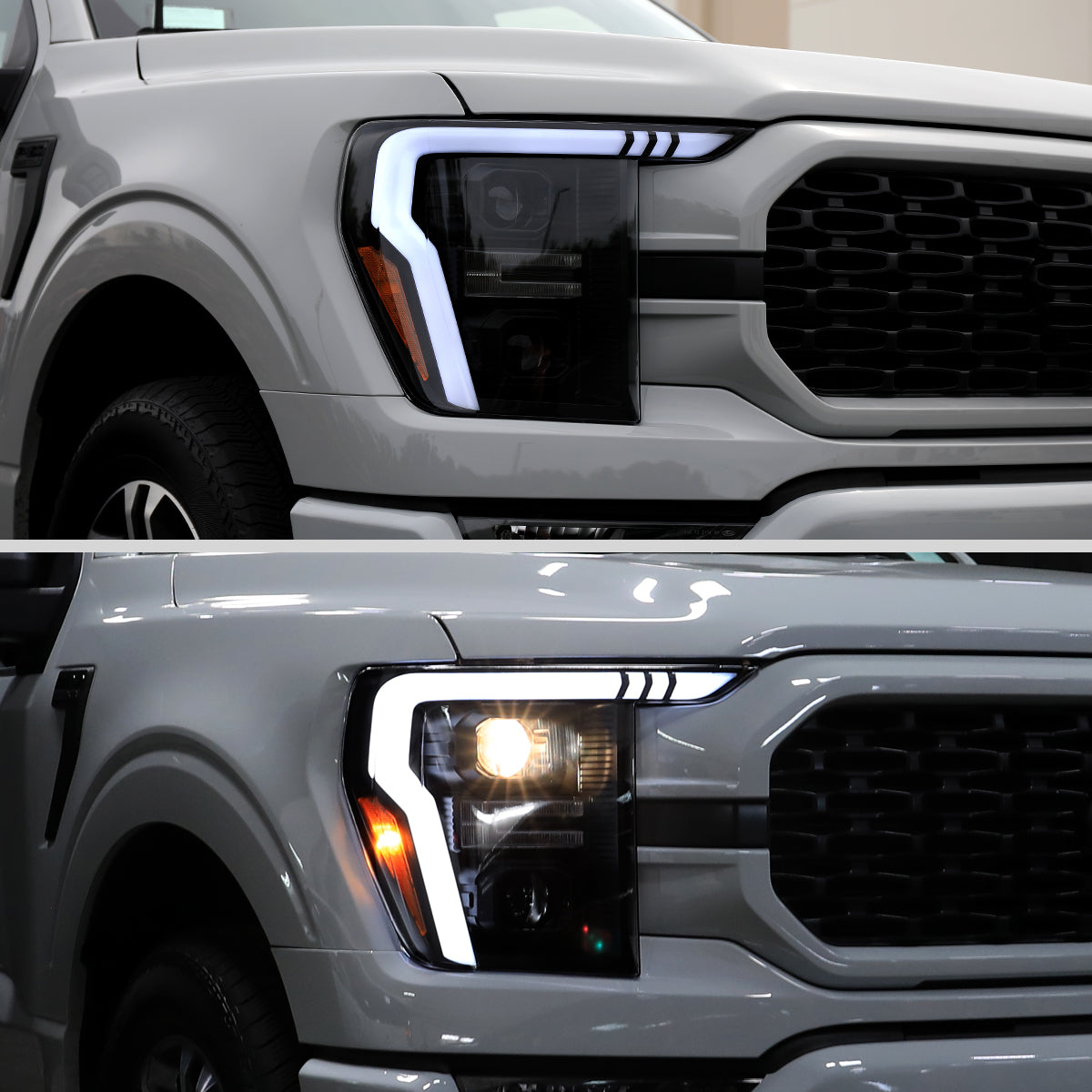2021-2025 Ford F-150 Projector Headlight w/ Switchback Sequential Turn Signal LED Bar (Black Housing / Smoked Lens)