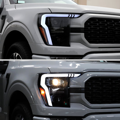 2021-2025 Ford F-150 Projector Headlight w/ Switchback Sequential Turn Signal LED Bar (Black Housing / Smoked Lens)