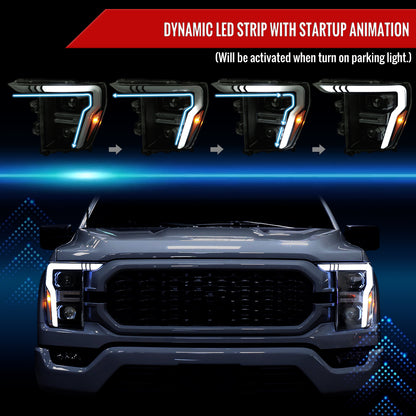 2021-2025 Ford F-150 Projector Headlight w/ Switchback Sequential Turn Signal LED Bar (Black Housing / Smoked Lens)