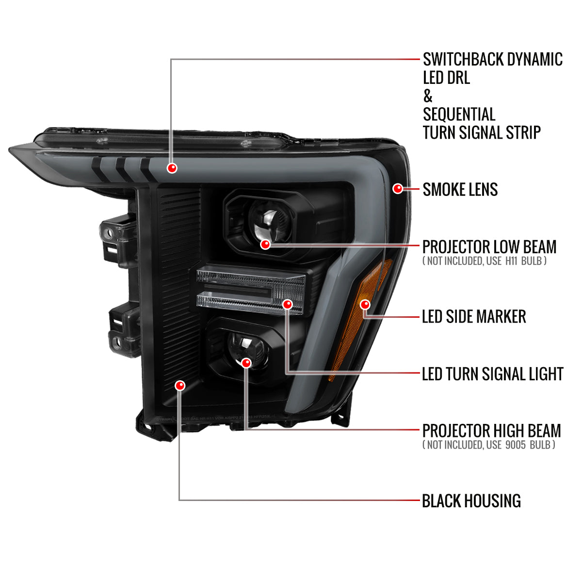 2021-2025 Ford F-150 Projector Headlight w/ Switchback Sequential Turn Signal LED Bar (Black Housing / Smoked Lens)