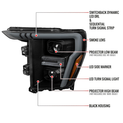 2021-2025 Ford F-150 Projector Headlight w/ Switchback Sequential Turn Signal LED Bar (Black Housing / Smoked Lens)