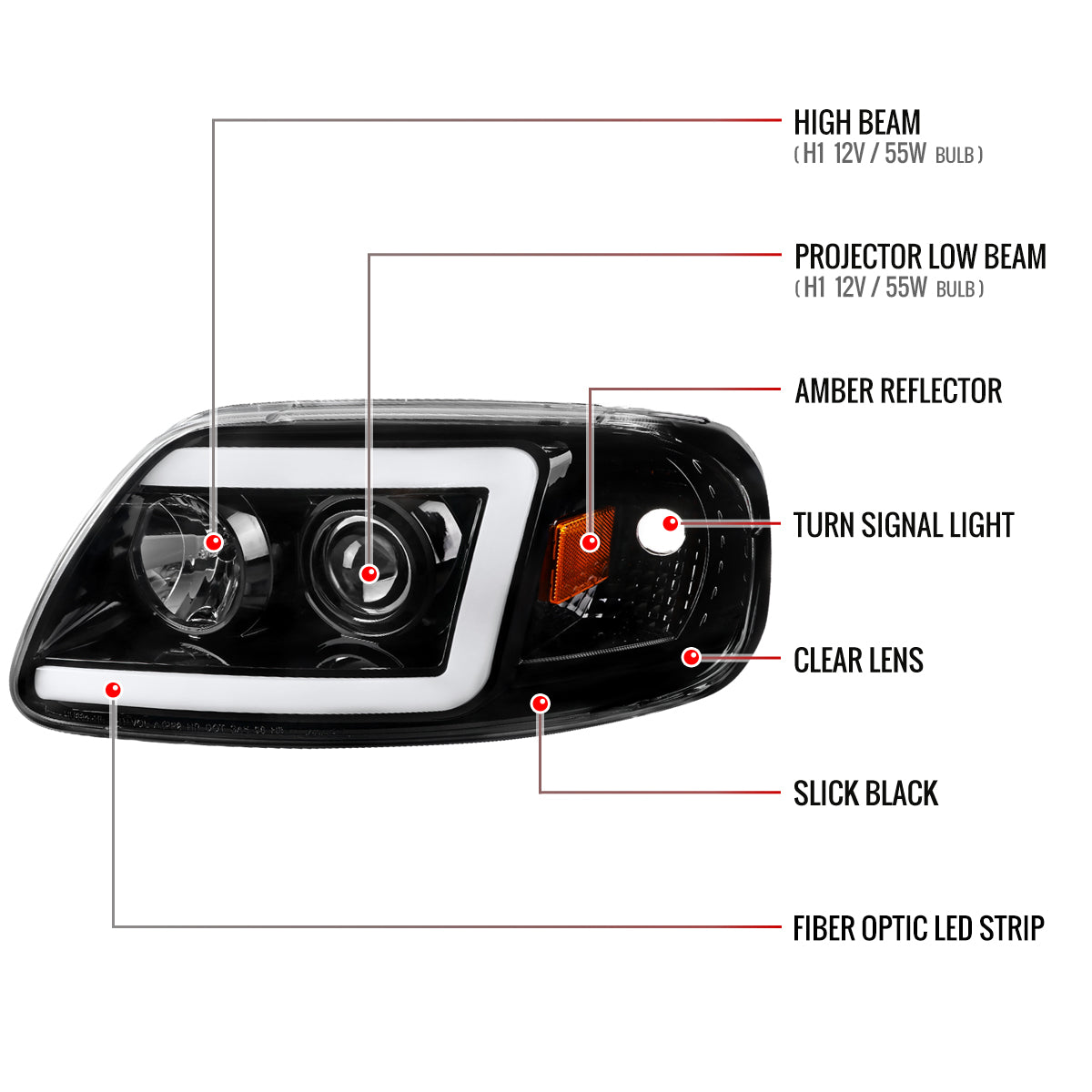 1997-2004 Ford F-150 / 1997-2002 Expedition LED C-Bar Projector Headlights (Jet Black Housing/Clear Lens)